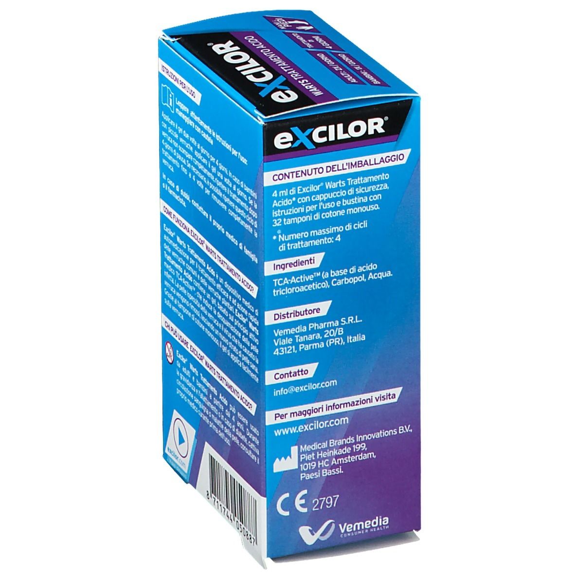 Lato della confezione Excilor® Warts Trattamento Acido. Contiene informazioni sul contenuto, ingredienti e contatti. Marchio CE.