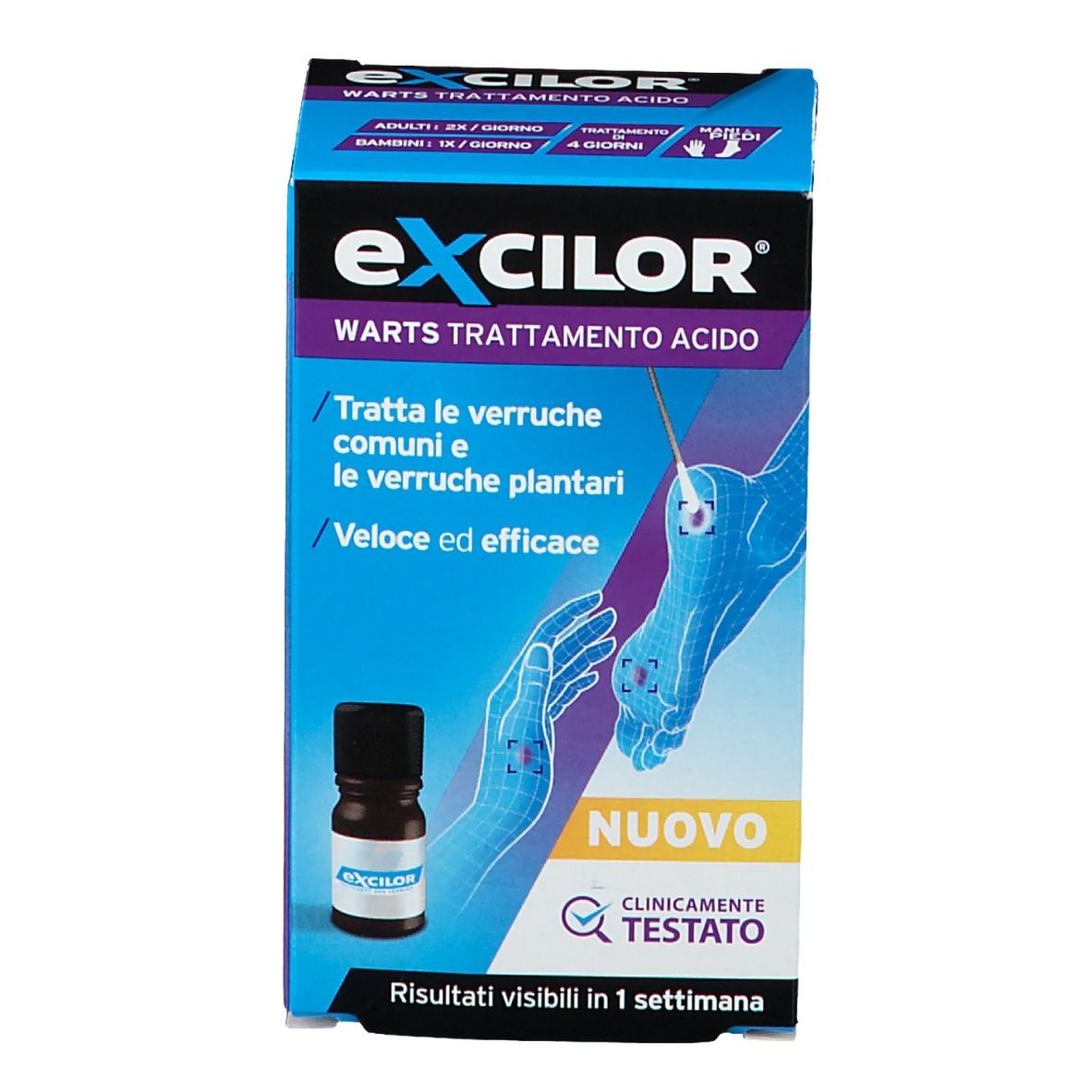 Fronte della confezione Excilor® Warts Trattamento Acido. Include flacone e illustrazione di piedi e mani. Testo: 'NUOVO' e 'CLINICAMENTE TESTATO'.