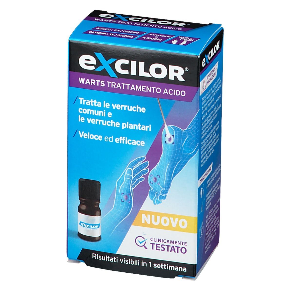 Fronte della confezione Excilor® Warts Trattamento Acido. Include flacone e illustrazione di piedi e mani. Testo: 'NUOVO' e 'CLINICAMENTE TESTATO'.