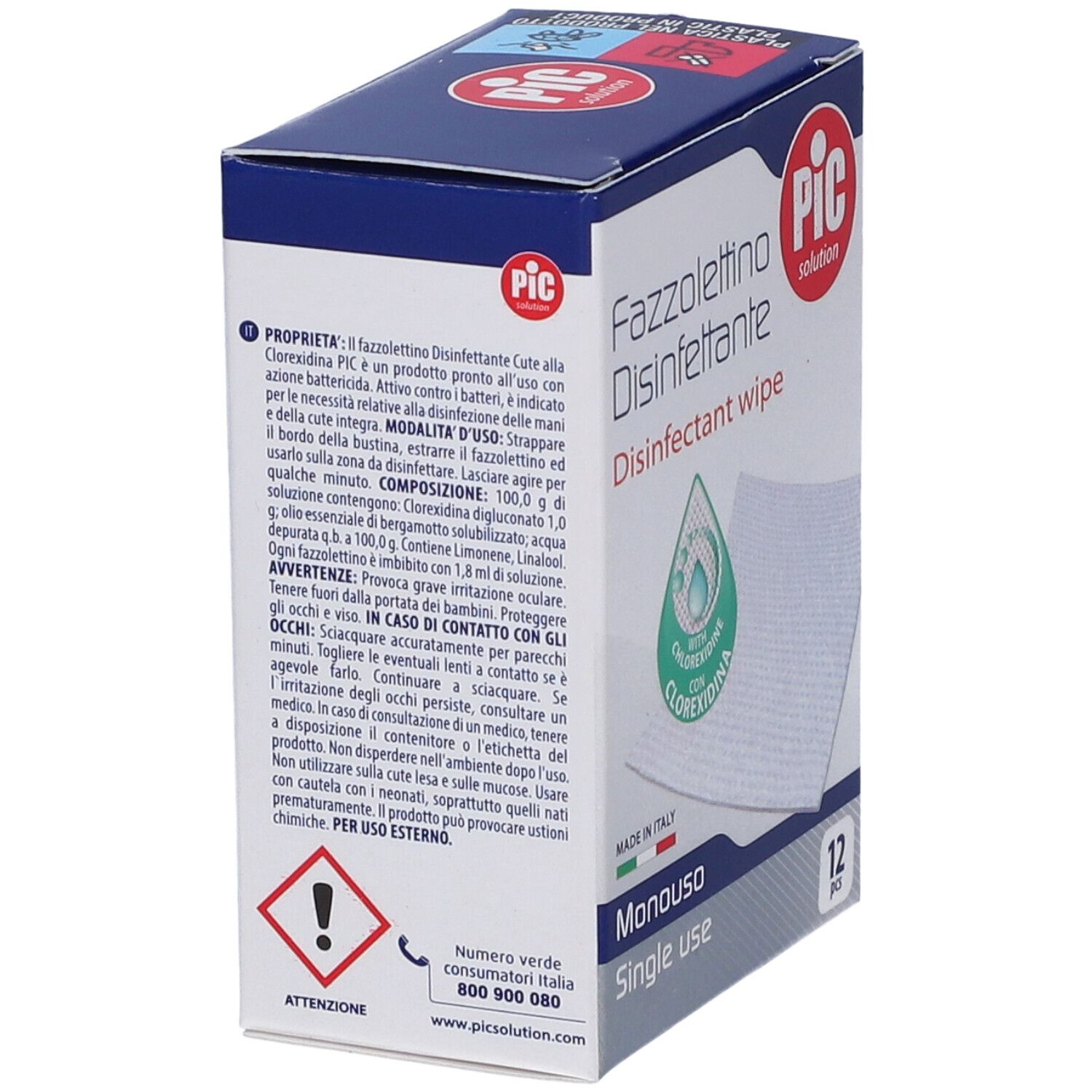 Confezione di PIC Fazzolettino Disinfettante. 12 salviette. Monouso. Con clorexidina. Prodotto in Italia.