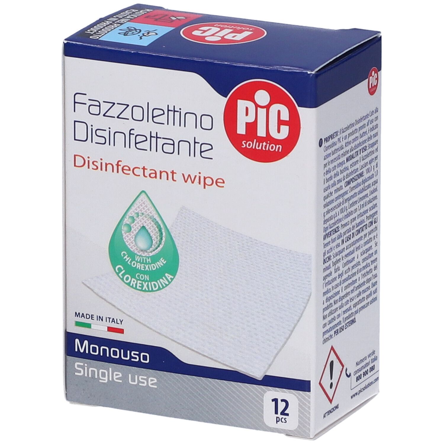Confezione di PIC Fazzolettino Disinfettante. 12 salviette. Monouso. Con clorexidina. Prodotto in Italia.