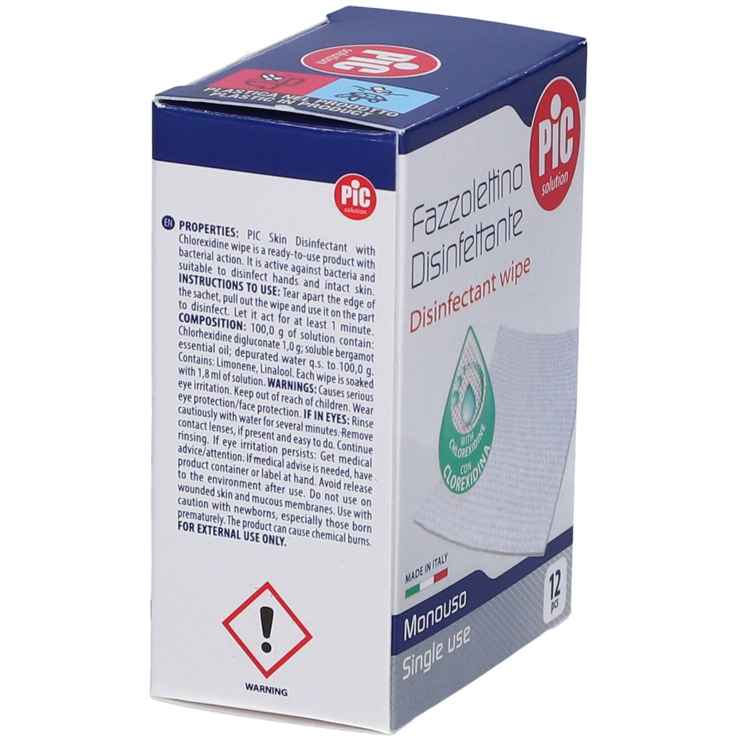 Confezione di PIC Fazzolettino Disinfettante. 12 salviette. Monouso. Con clorexidina. Prodotto in Italia.