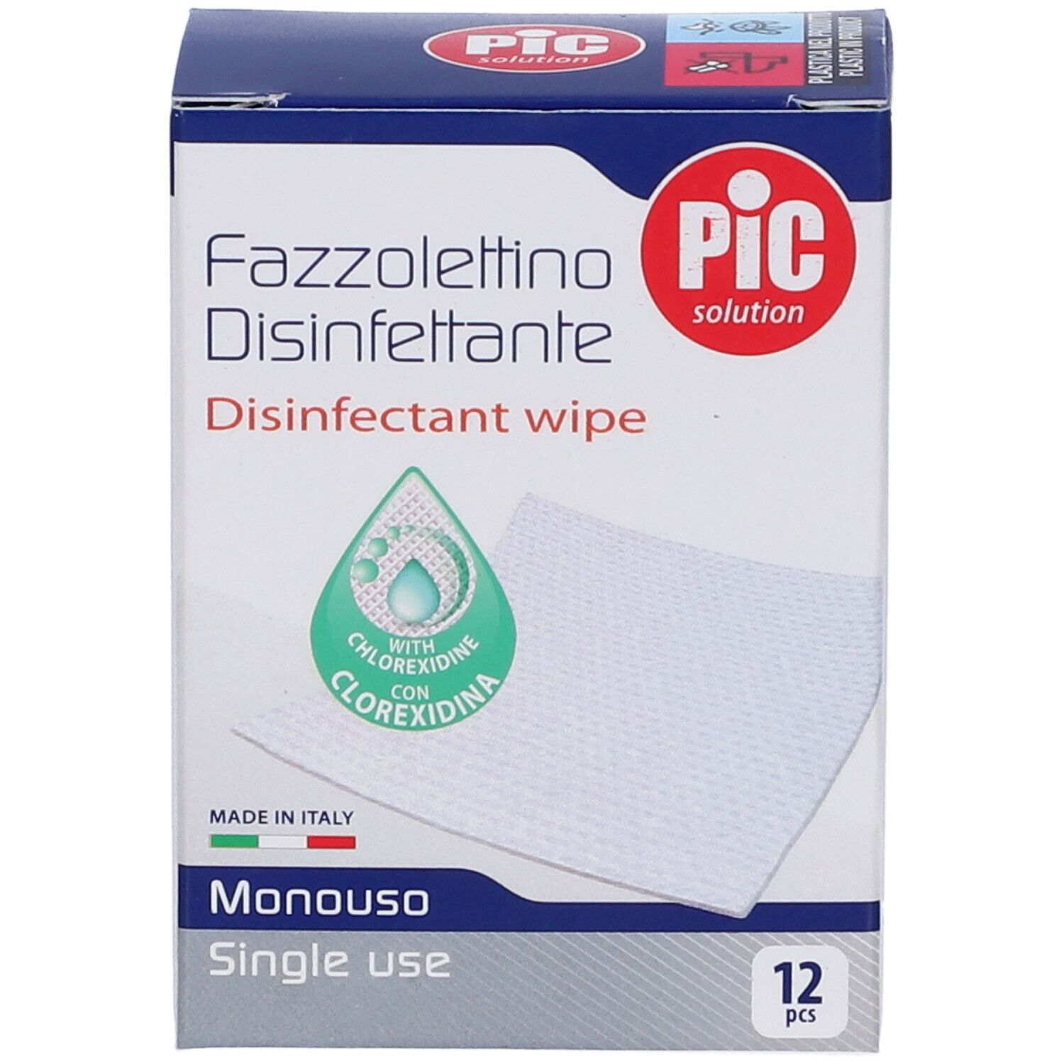 Confezione di PIC Fazzolettino Disinfettante. 12 salviette. Monouso. Con clorexidina. Prodotto in Italia.