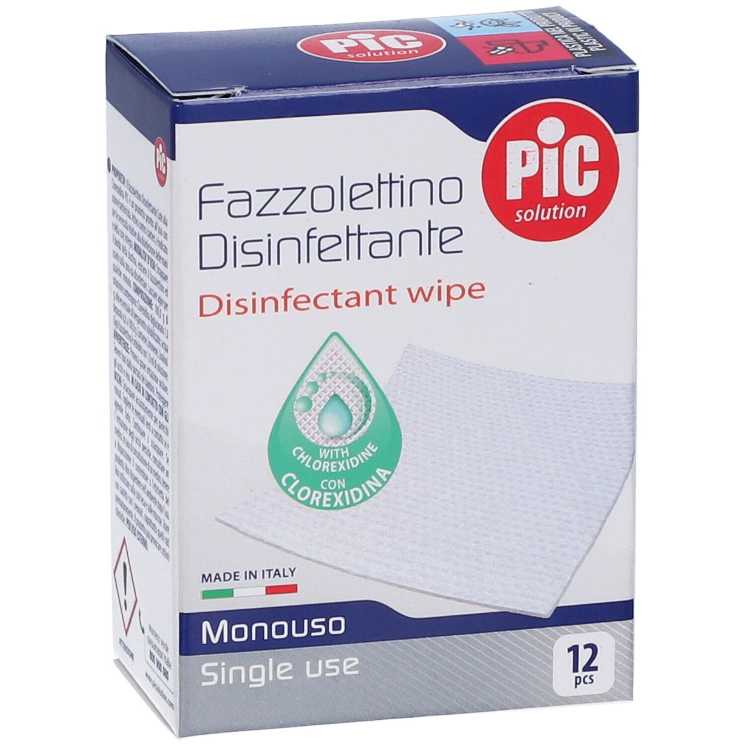 Confezione di PIC Fazzolettino Disinfettante. 12 salviette. Monouso. Con clorexidina. Prodotto in Italia.