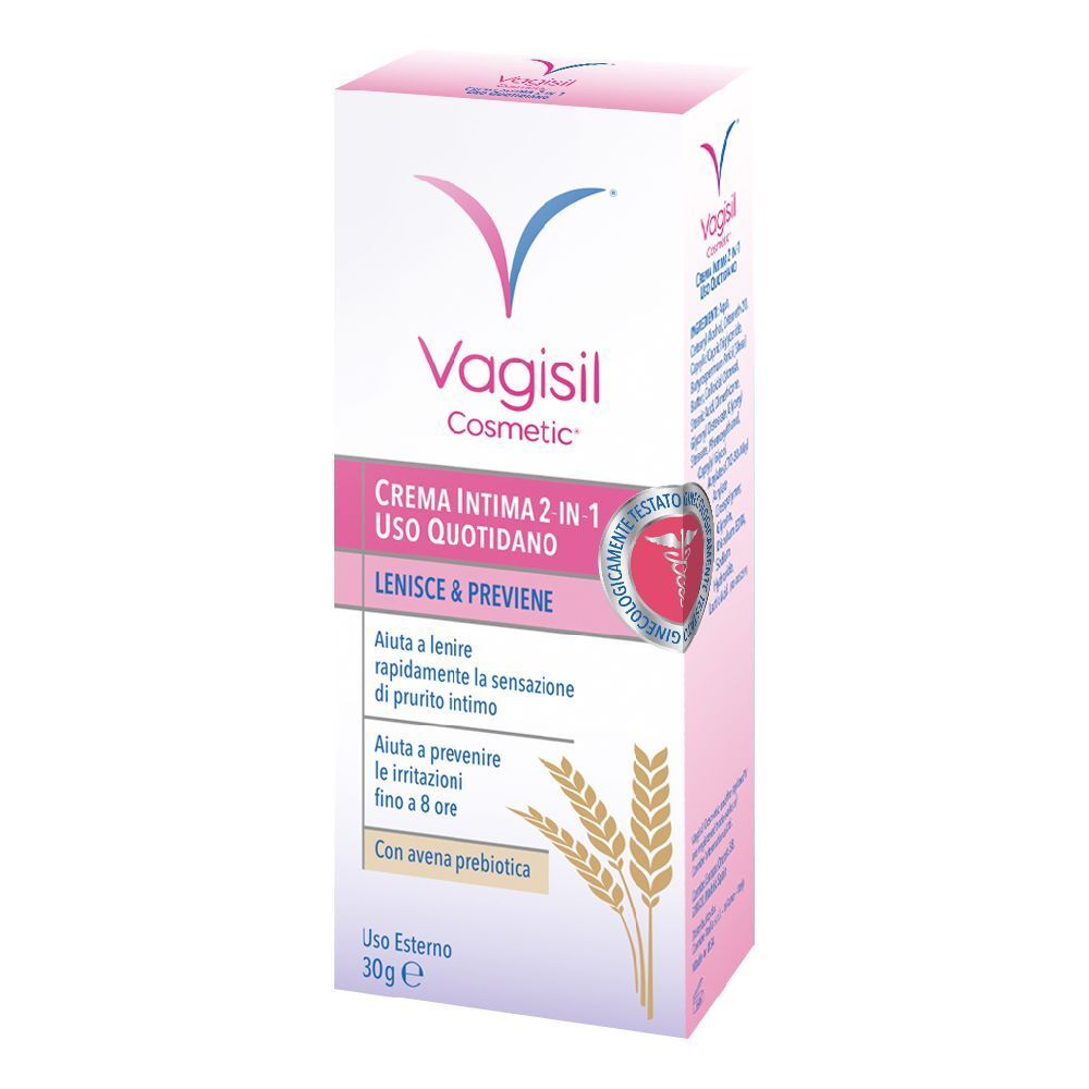 Confezione con logo e nome del prodotto. Testo: Crema Intima 2 in 1 Uso Quotidiano. Con avena prebiotica.