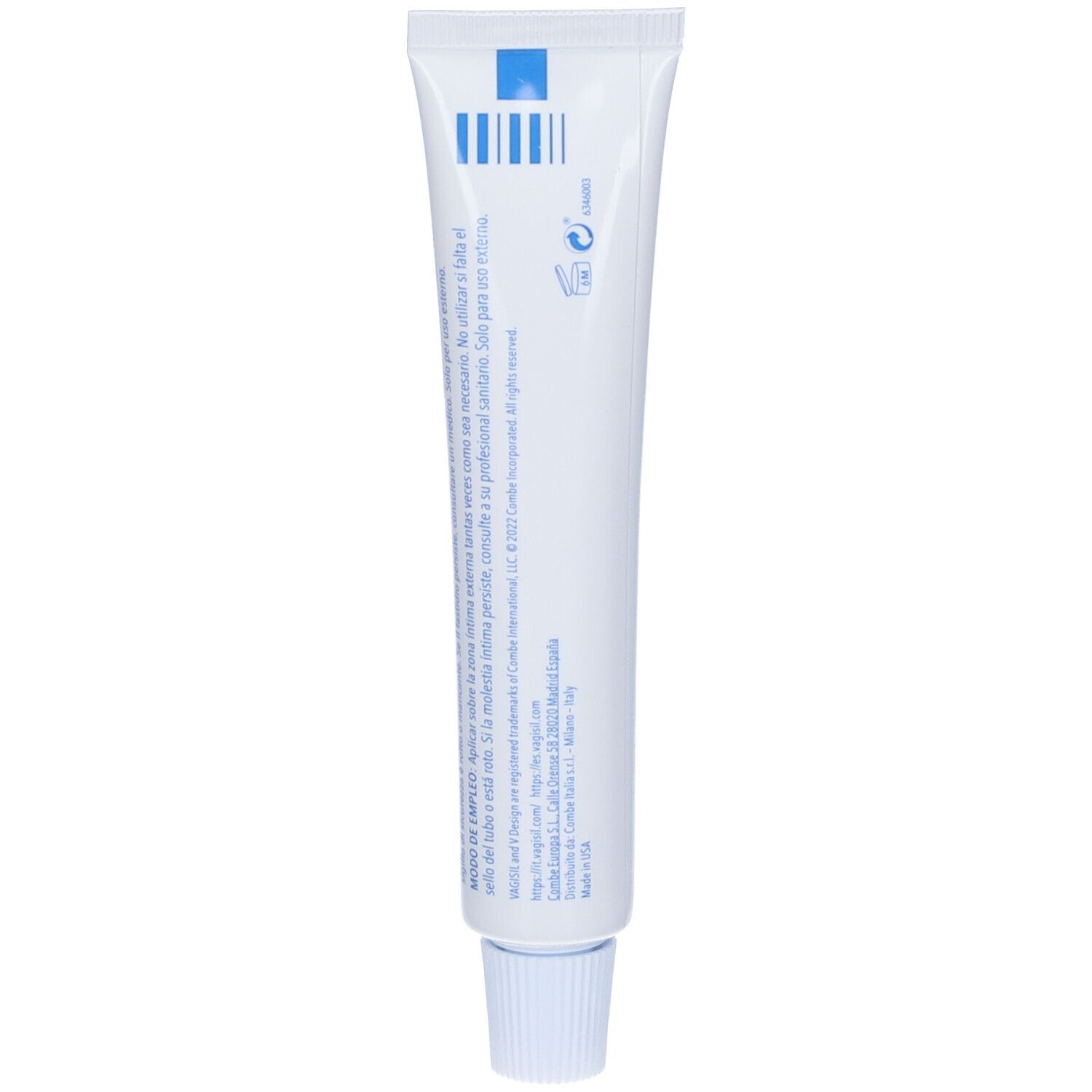 Retro del tubo. Testo e codice a barre. Tubo bianco con testo blu.