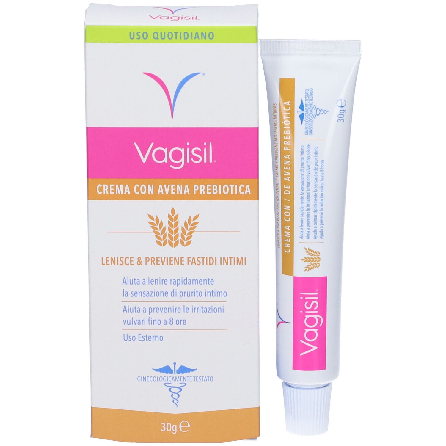 Confezione e tubo affiancati. Confezione con logo e nome del prodotto. Tubo da 30g.