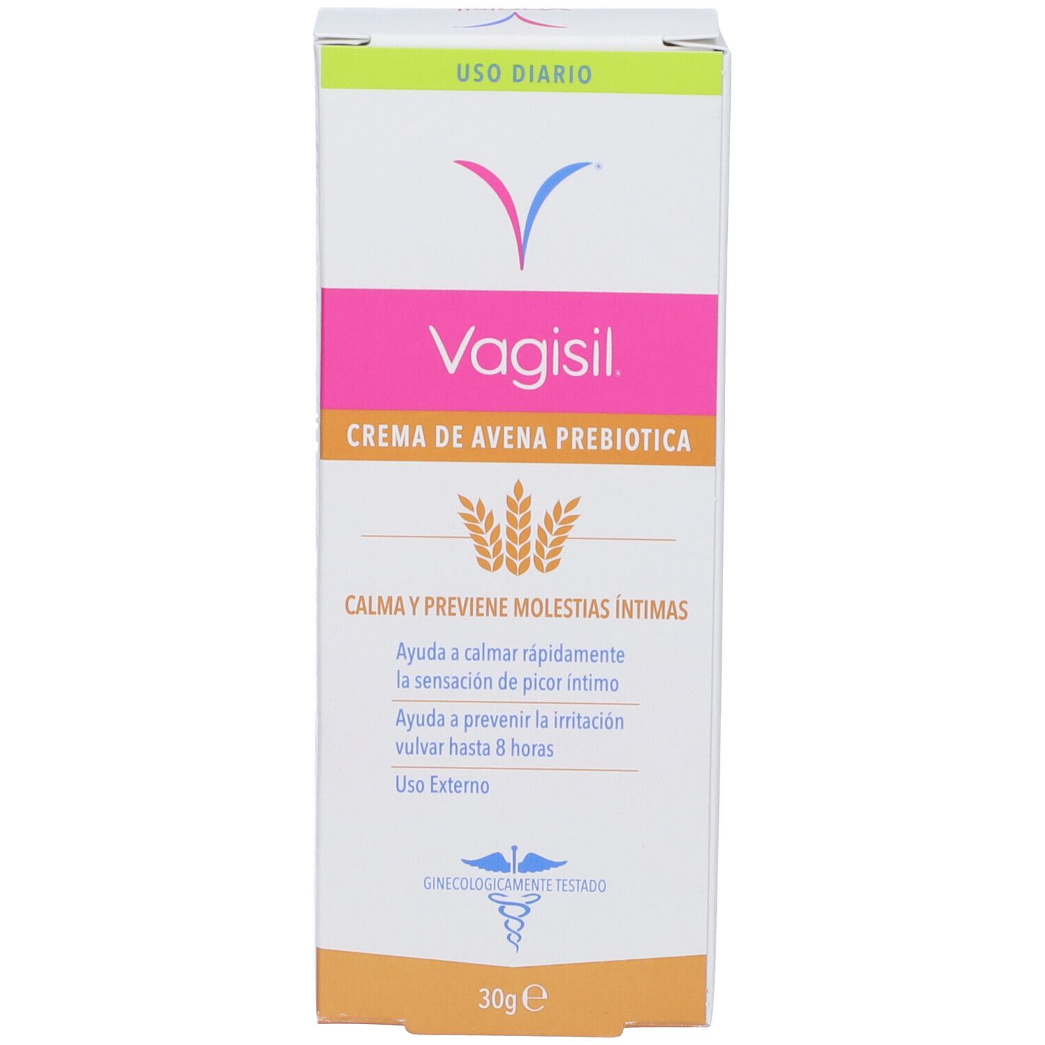 Confezione del prodotto. Logo e nome del prodotto. Testo: Crema con avena prebiotica. 30g. Bianco, rosa e giallo.