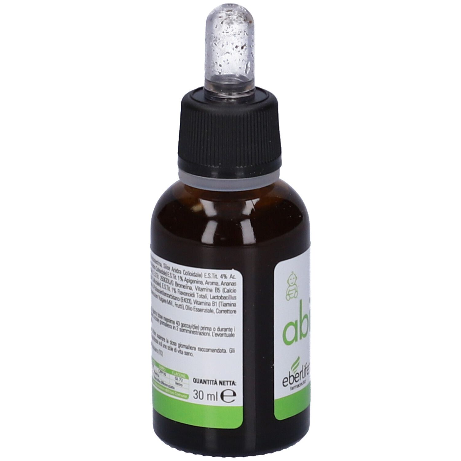 Flacone di vetro marrone con tappo nero e contagocce. Etichetta con ingredienti e informazioni.