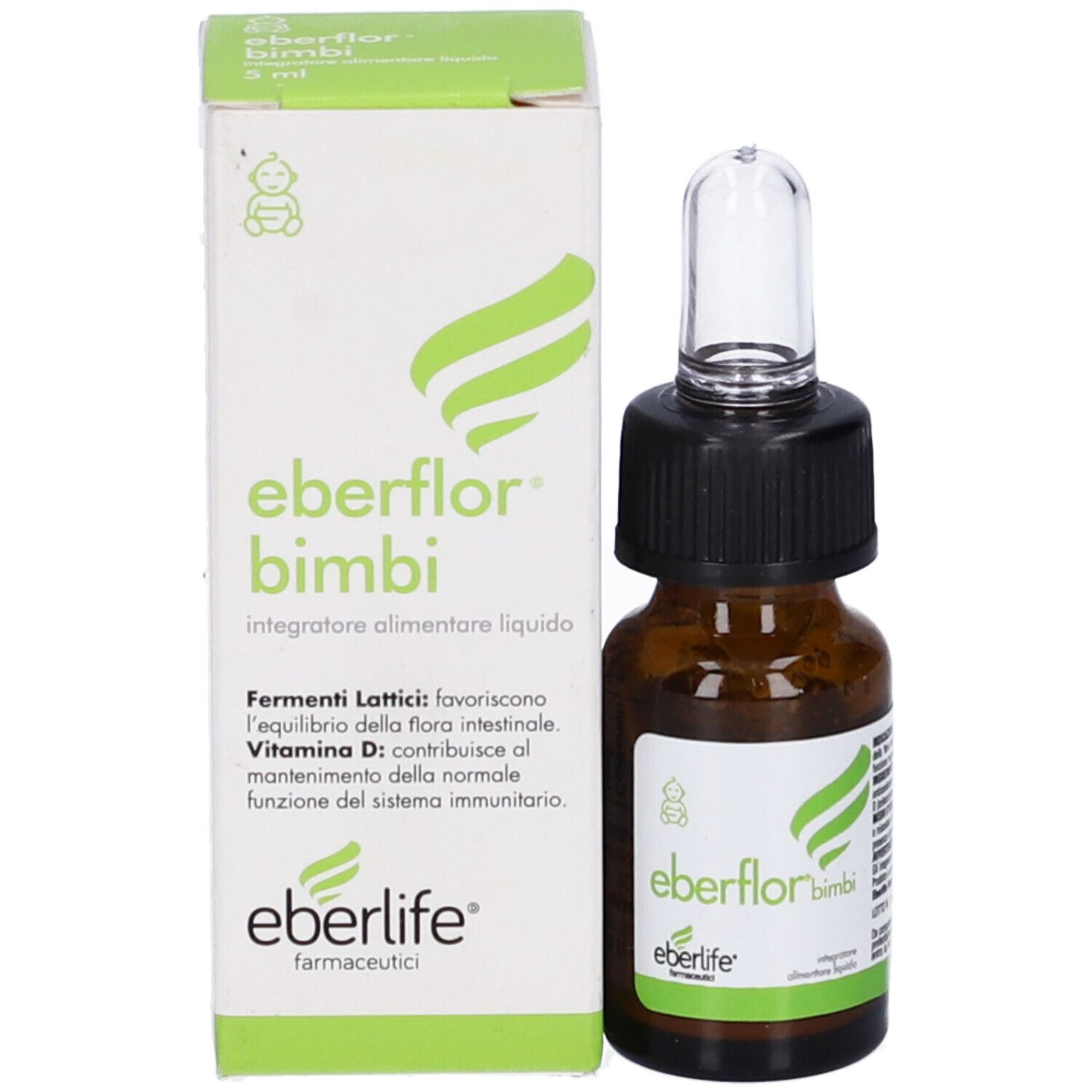 Flacone e confezione Eberflor Bimbi Gtt 5ml. Scatola bianca con nome e logo del prodotto. Flacone marrone con contagocce.