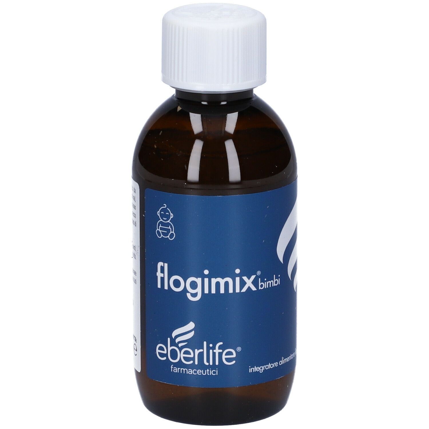 Flacone marrone con tappo bianco. Etichetta con testo: Flogimix Bimbi, Eberlife, Integratore alimentare.
