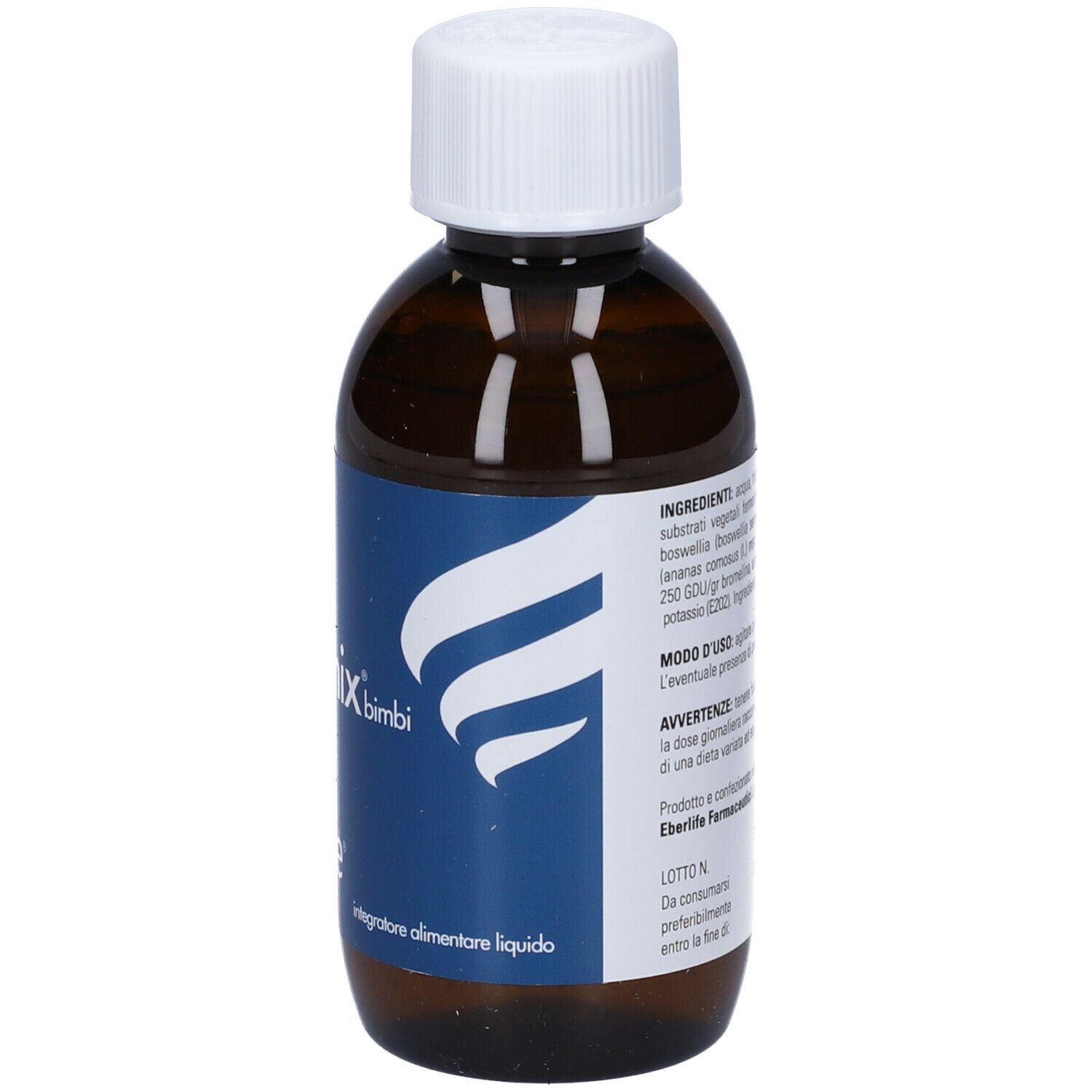 Flacone marrone con tappo bianco. Etichetta con testo: Flogimix Bimbi, Eberlife, Integratore alimentare liquido.