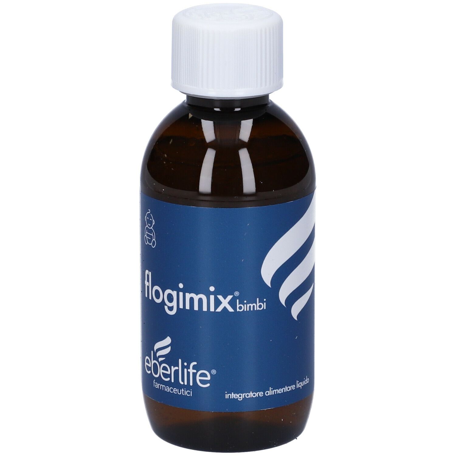 Flacone marrone con tappo bianco. Etichetta con testo: Flogimix Bimbi, Eberlife, Integratore alimentare liquido.