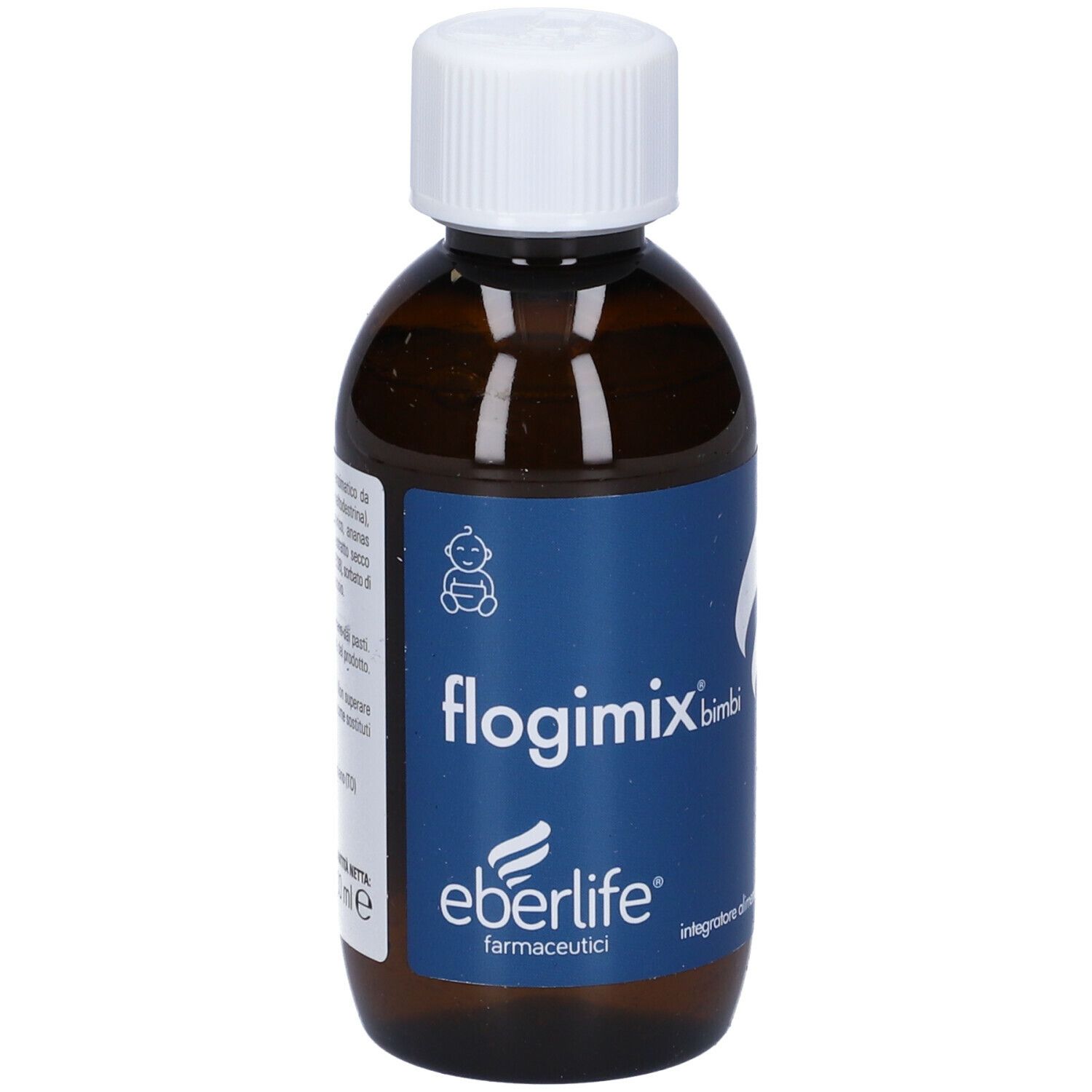 Flacone marrone con tappo bianco. Etichetta con testo: Flogimix Bimbi, Eberlife, Integratore alimentare liquido.