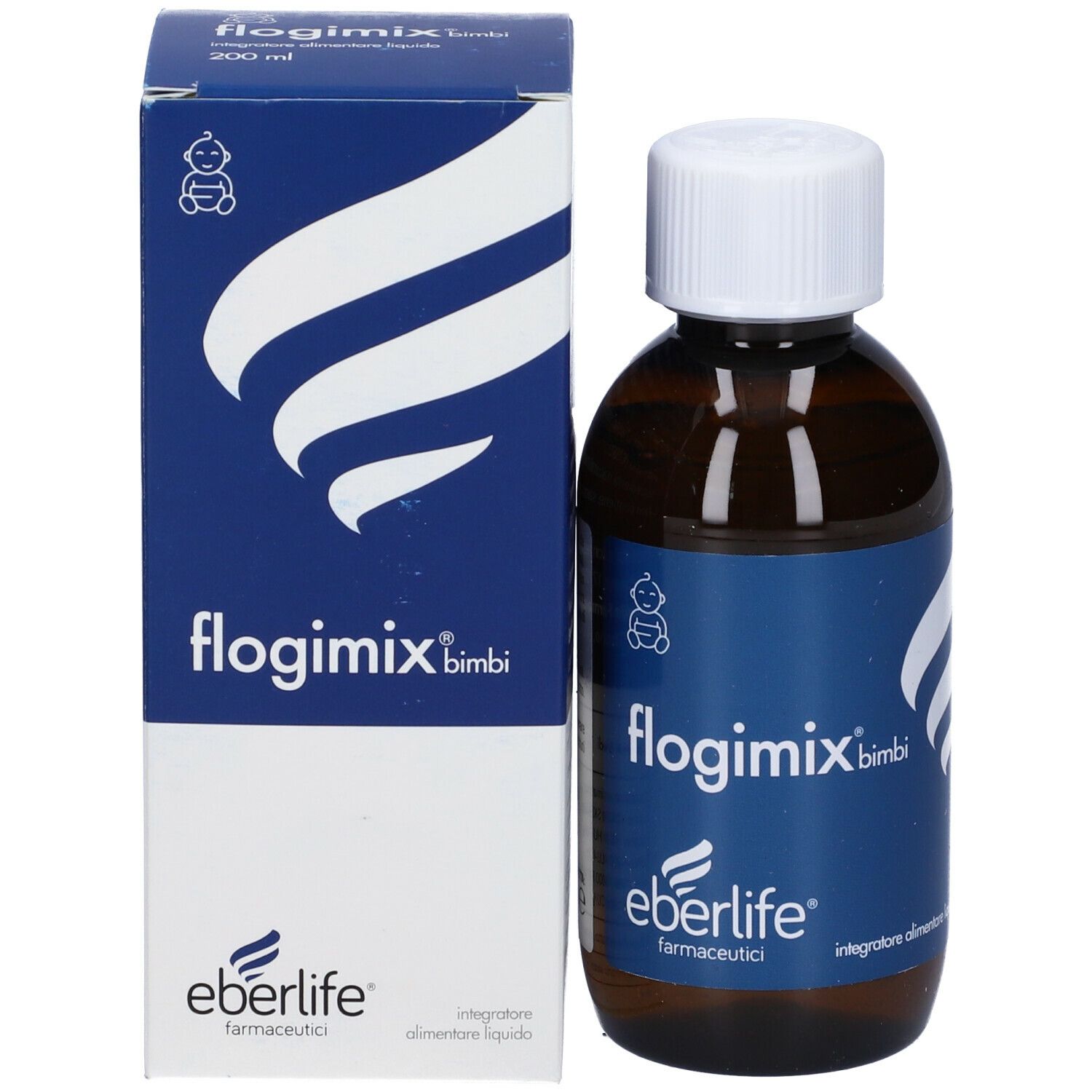 Flacone e scatola. Sulla scatola: Flogimix Bimbi, Eberlife, 200 ml. Sul flacone: Flogimix Bimbi.
