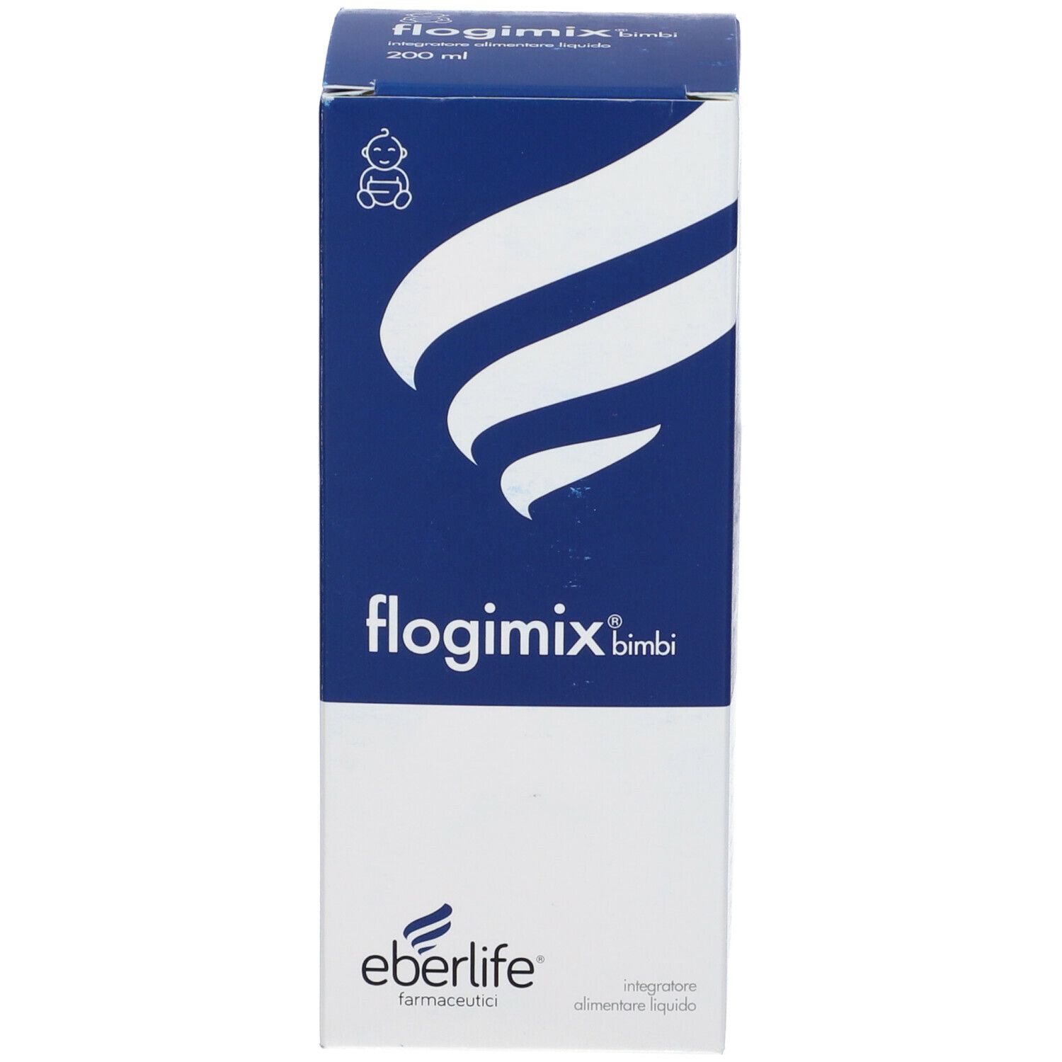 Scatola alta blu con coperchio bianco. Testo: Flogimix Bimbi, Eberlife, 200 ml.