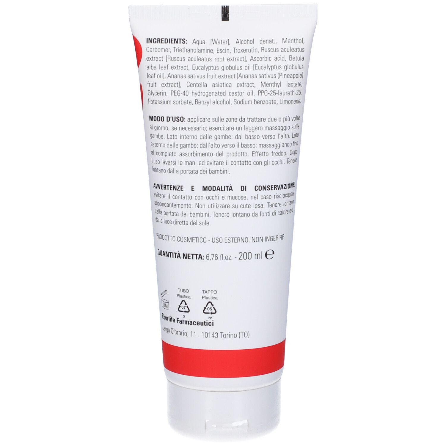 Retro di un tubo bianco con ingredienti e istruzioni. Marchio: eberlife.