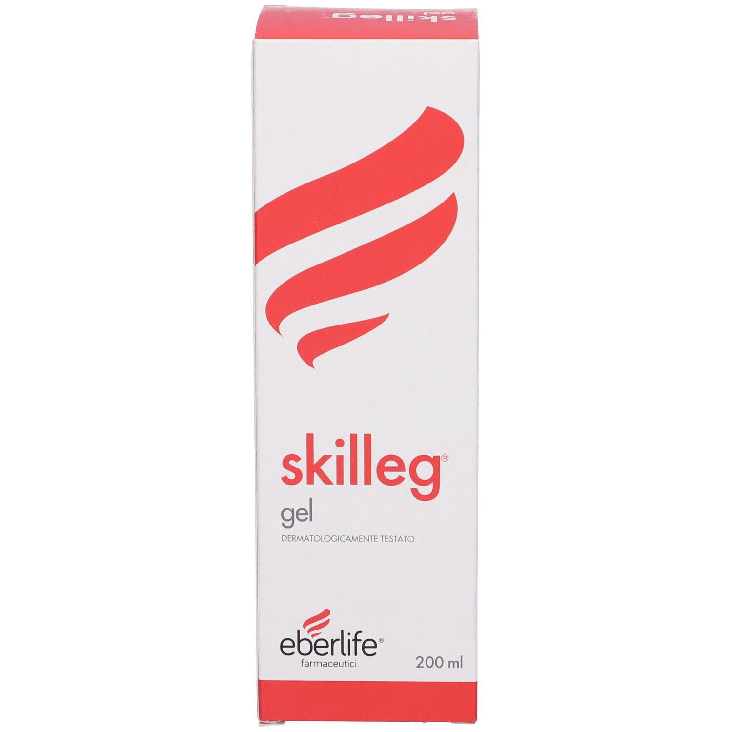 Scatola bianca con logo rosso e scritta "skilleg gel". Marchio: eberlife.