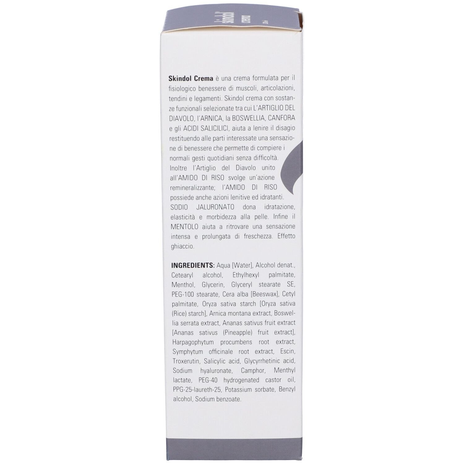 Testo sulla scatola: ingredienti e descrizione del prodotto. Marchio Eberlife.