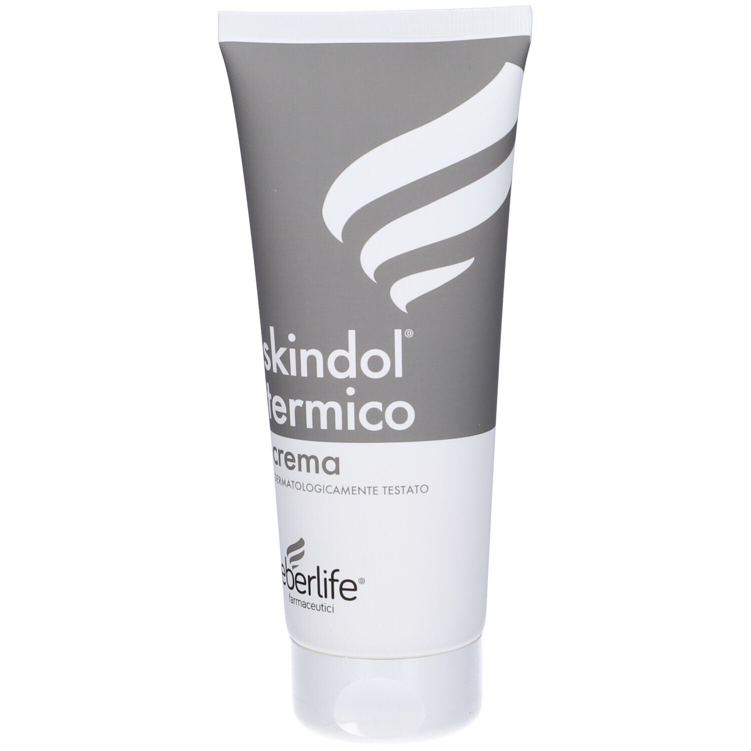 Tubo grigio con logo bianco e scritta Skindol Termico. Marchio Eberlife.