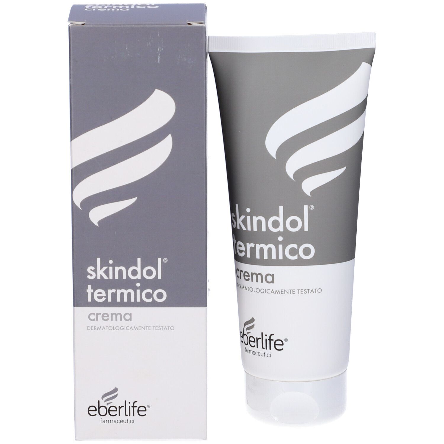 Confezione del prodotto: tubo e scatola affiancati. Entrambi con logo Skindol Termico.