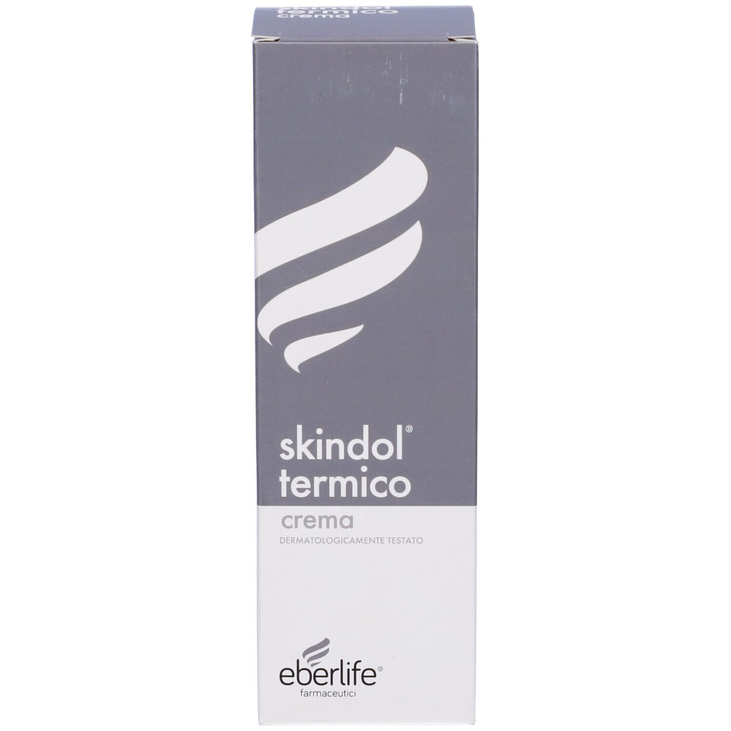 Scatola grigia con logo bianco e scritta Skindol Termico. Marchio Eberlife.