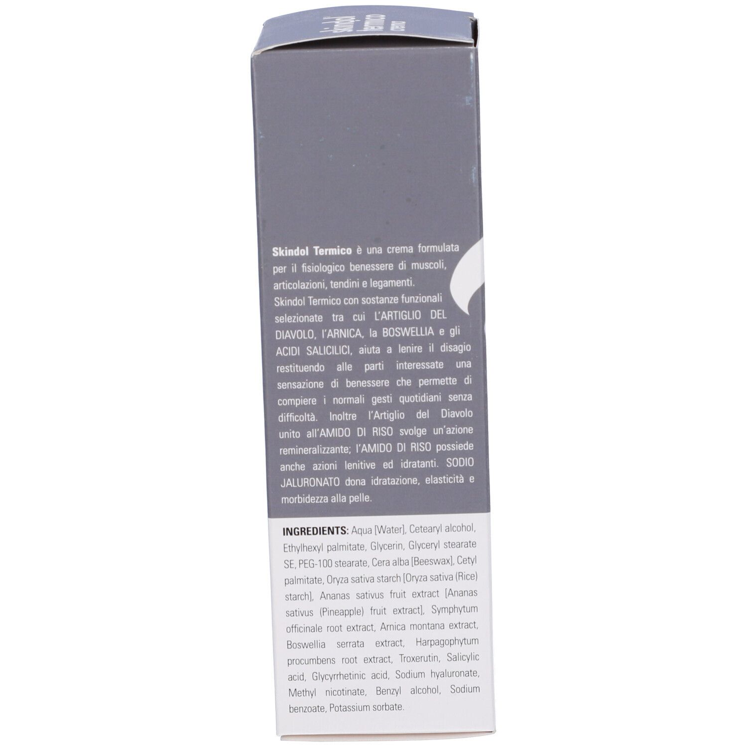 Retro della scatola con informazioni sul prodotto e ingredienti. Sfondo grigio.