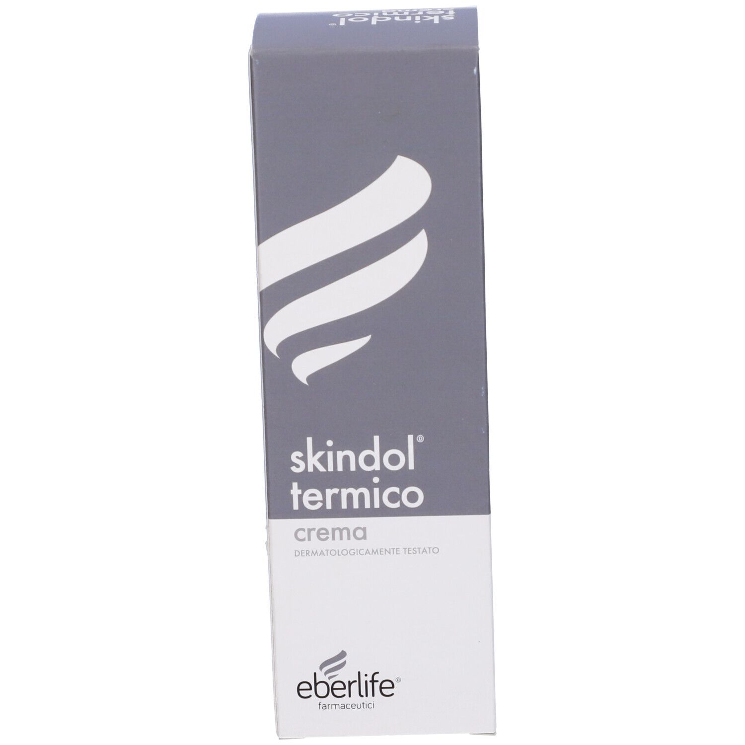 Scatola grigia con logo bianco e scritta Skindol Termico. Marchio Eberlife.