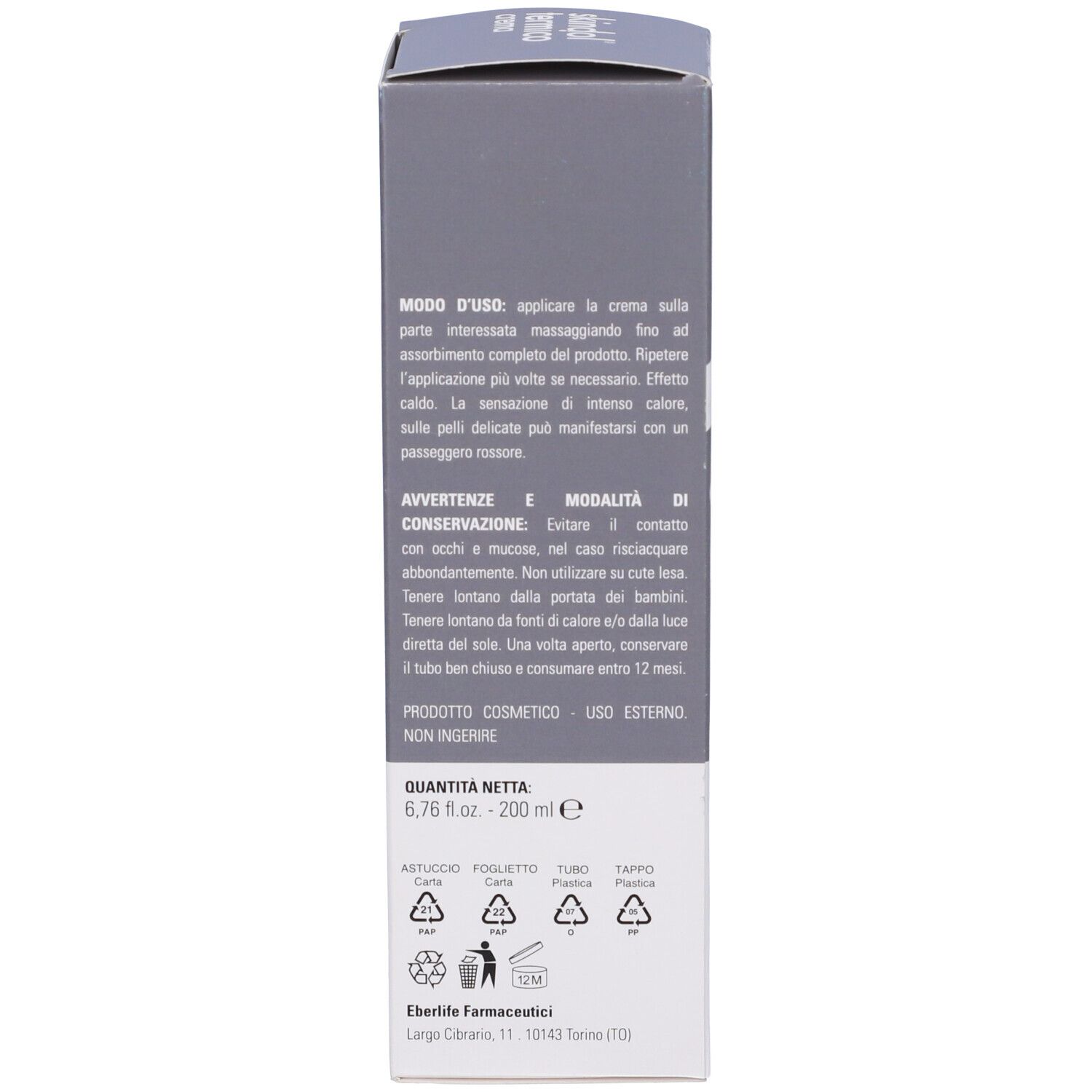 Retro della scatola con istruzioni per l'uso e informazioni sul contenuto. Sfondo grigio.