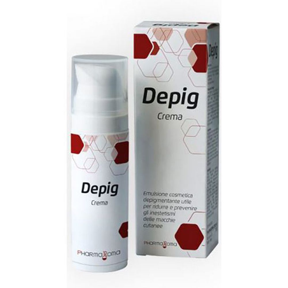 Flacone bianco con scritta "Depig Crema" e confezione. Motivi esagonali rossi. Marca: Pharma Roma.
