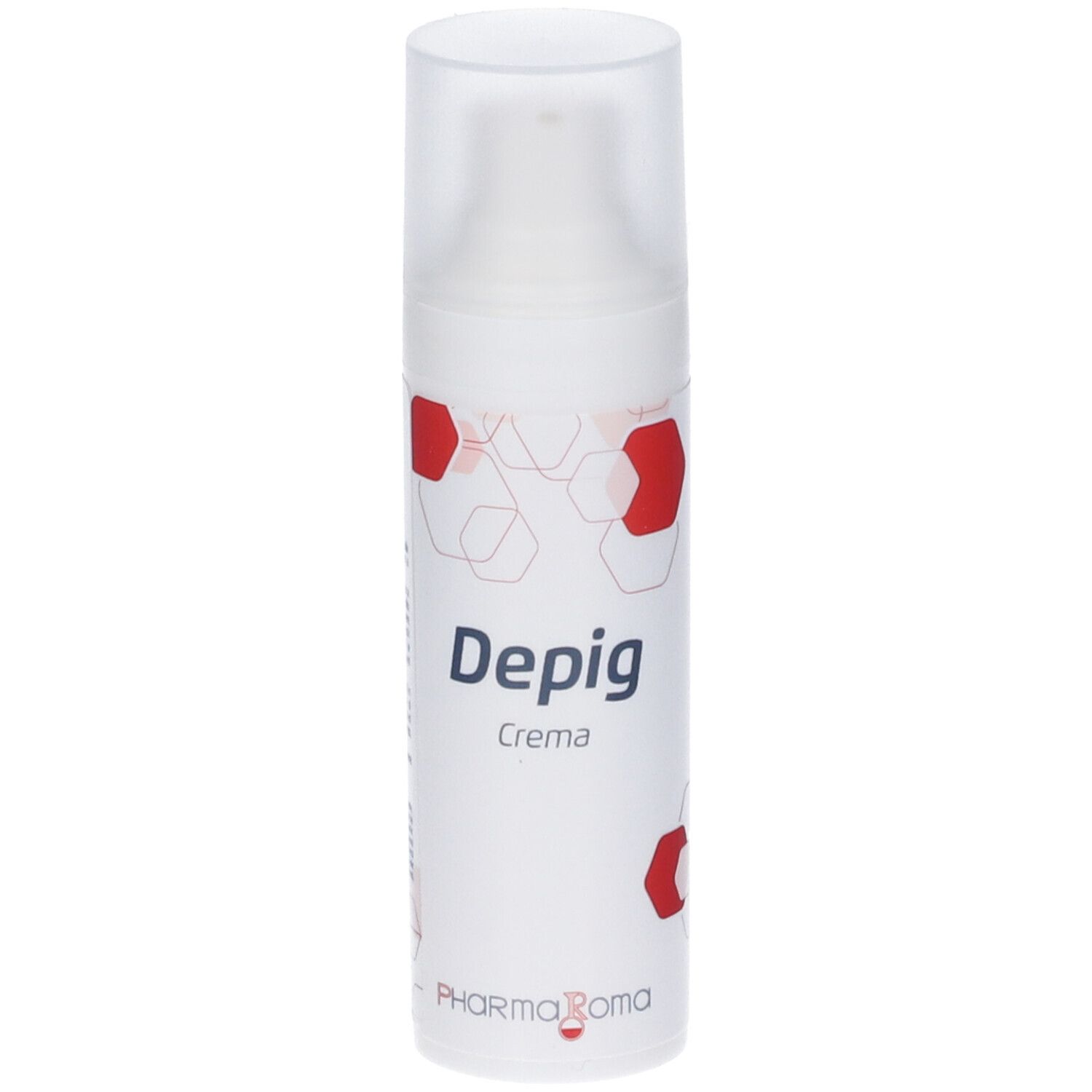 Flacone bianco con scritta "Depig Crema". Motivi esagonali rossi. Marca: Pharma Roma.