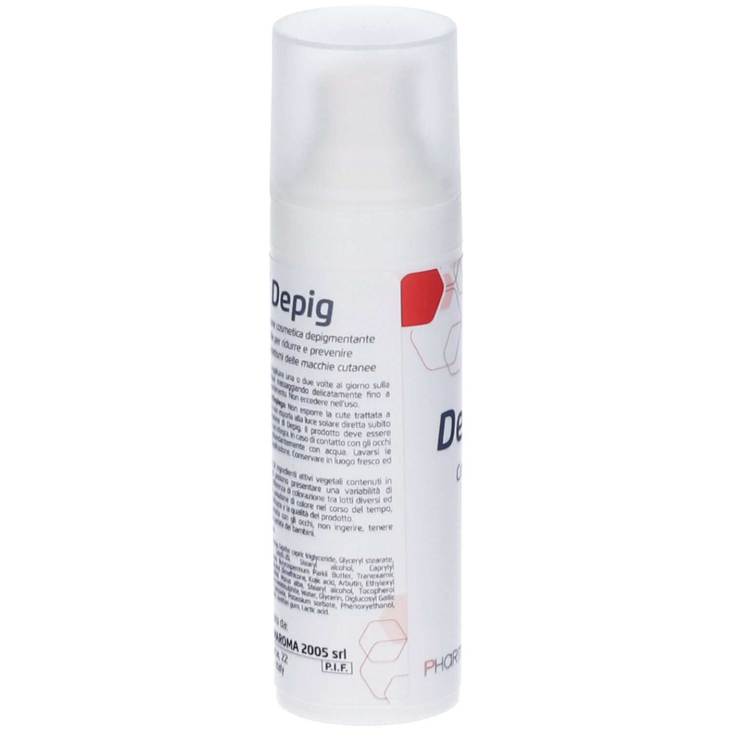 Flacone bianco con scritta "Depig Crema". Motivi esagonali rossi. Marca: Pharma Roma.