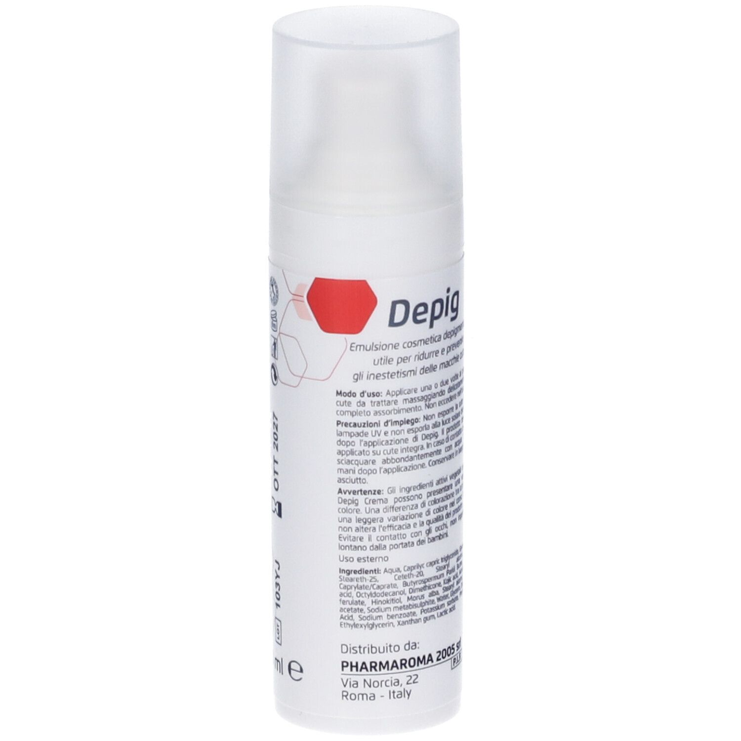 Flacone bianco con scritta "Depig Crema". Motivi esagonali rossi. Marca: Pharma Roma.