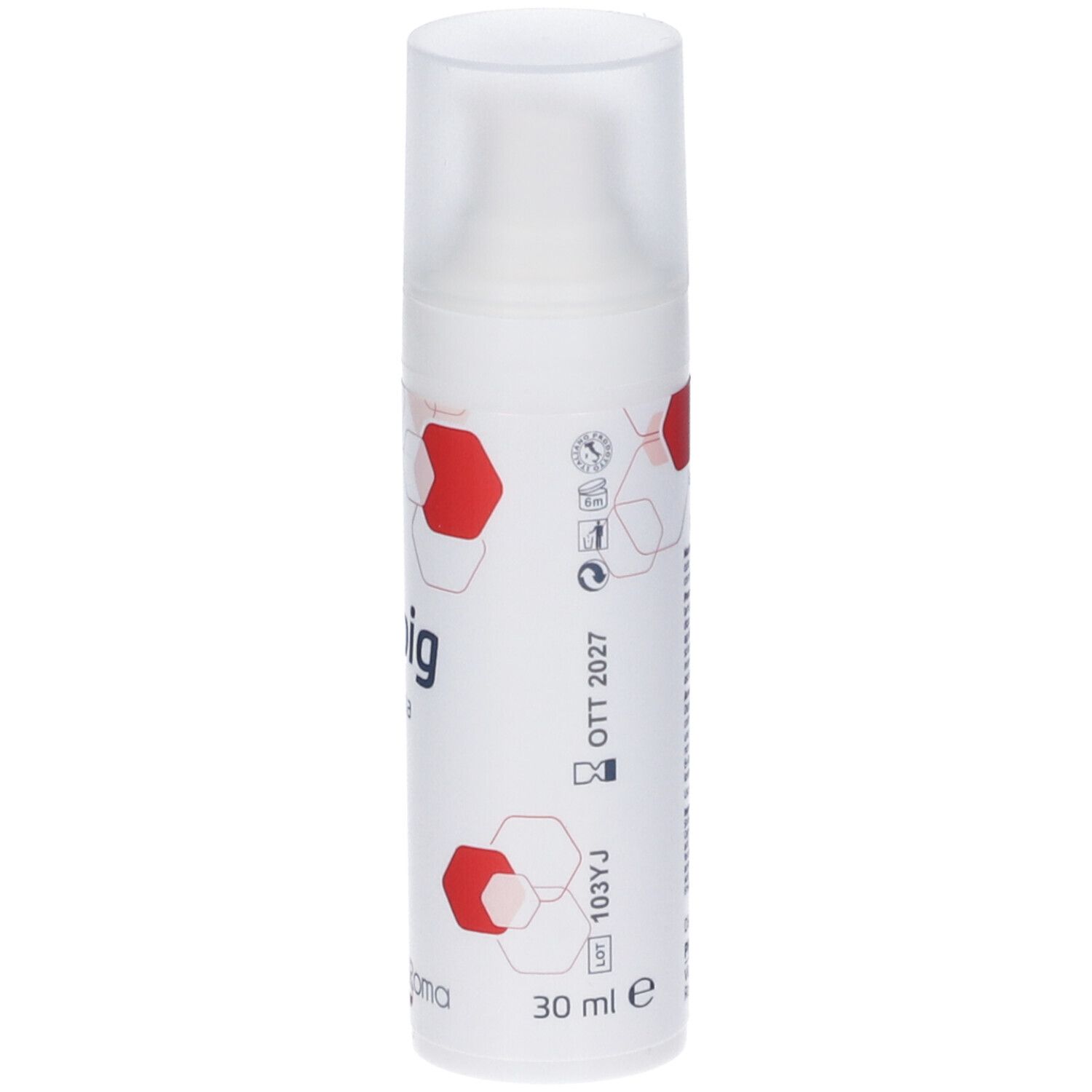 Flacone bianco con scritta "Depig Crema". Motivi esagonali rossi. Marca: Pharma Roma. 30 ml.