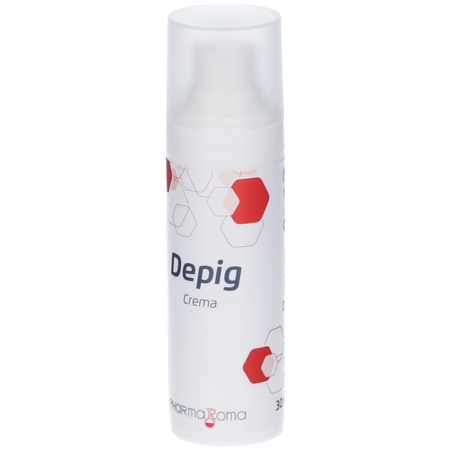 Flacone bianco con scritta "Depig Crema". Motivi esagonali rossi. Marca: Pharma Roma. 30 ml.