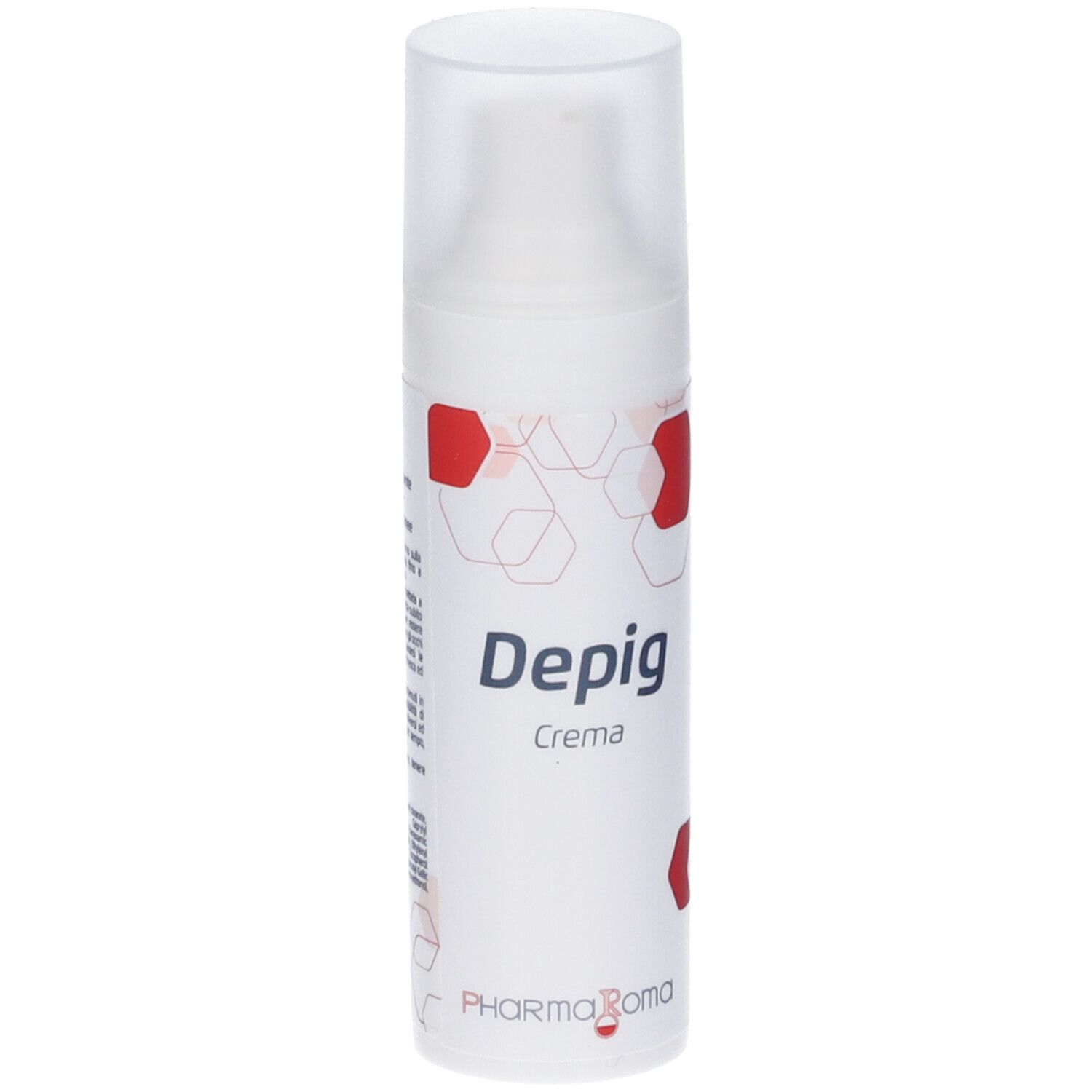 Flacone bianco con scritta "Depig Crema". Motivi esagonali rossi. Marca: Pharma Roma.