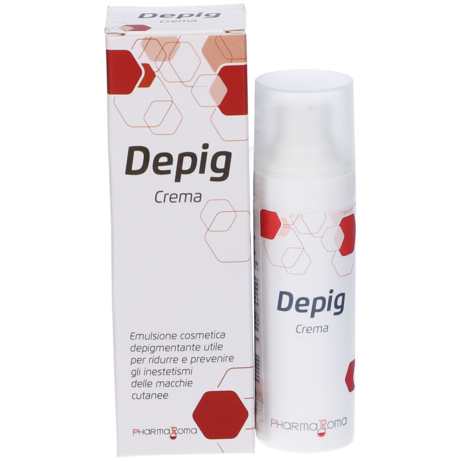Flacone bianco con scritta "Depig Crema" e confezione. Motivi esagonali rossi. Marca: Pharma Roma.