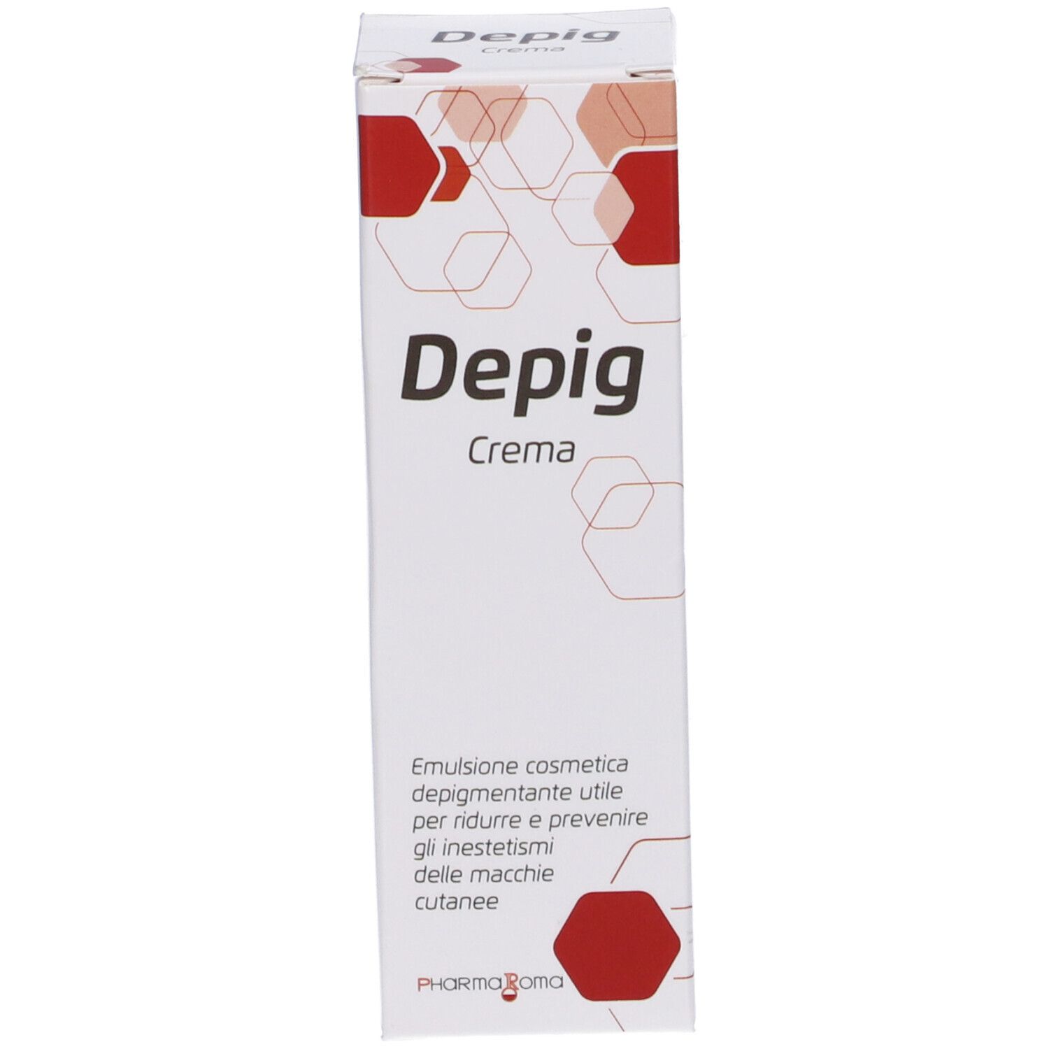Confezione con scritta "Depig Crema". Motivi esagonali rossi. Marca: Pharma Roma.