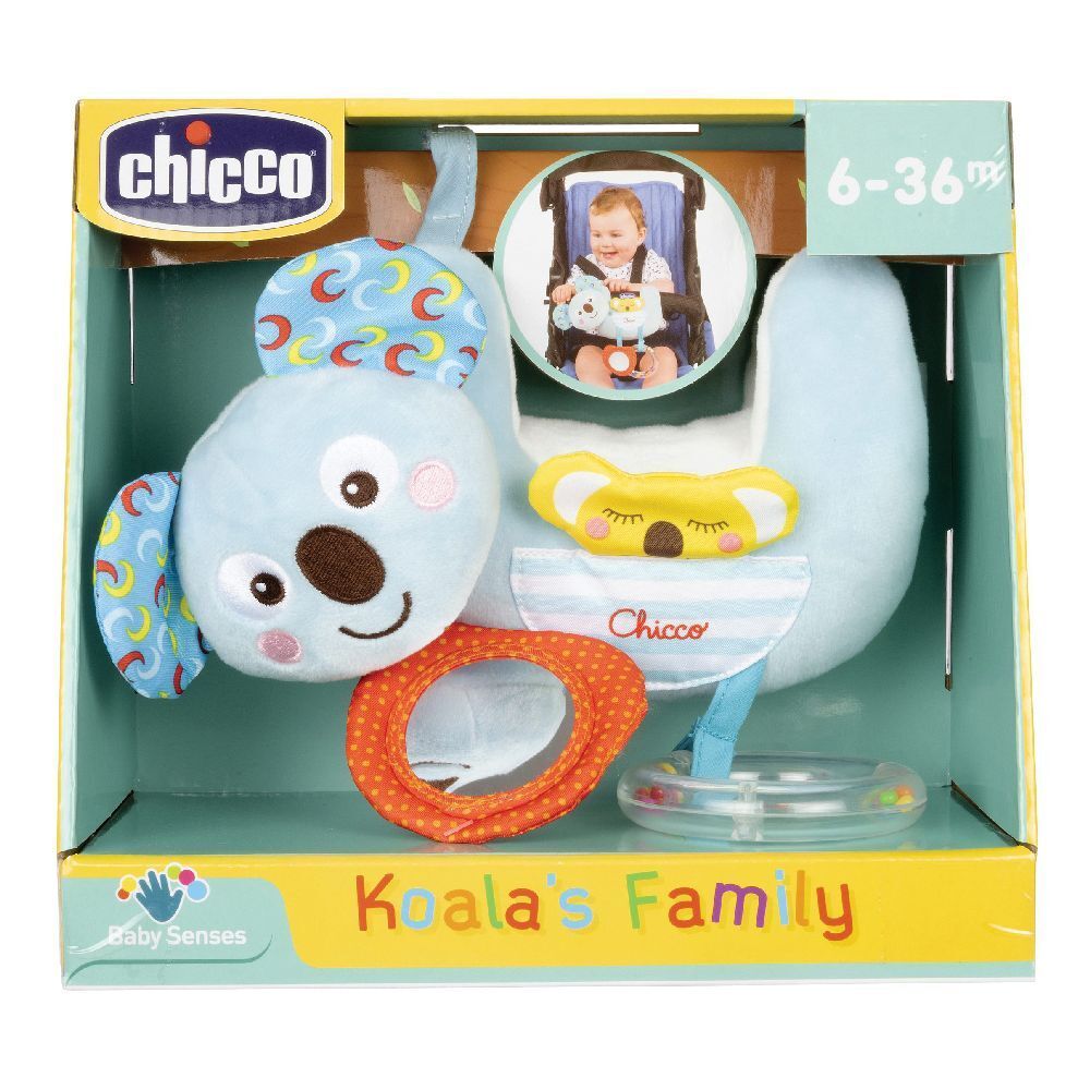 Giocattolo a forma di koala blu con anello arancione e anello per la dentizione. Confezione con logo e nome.
