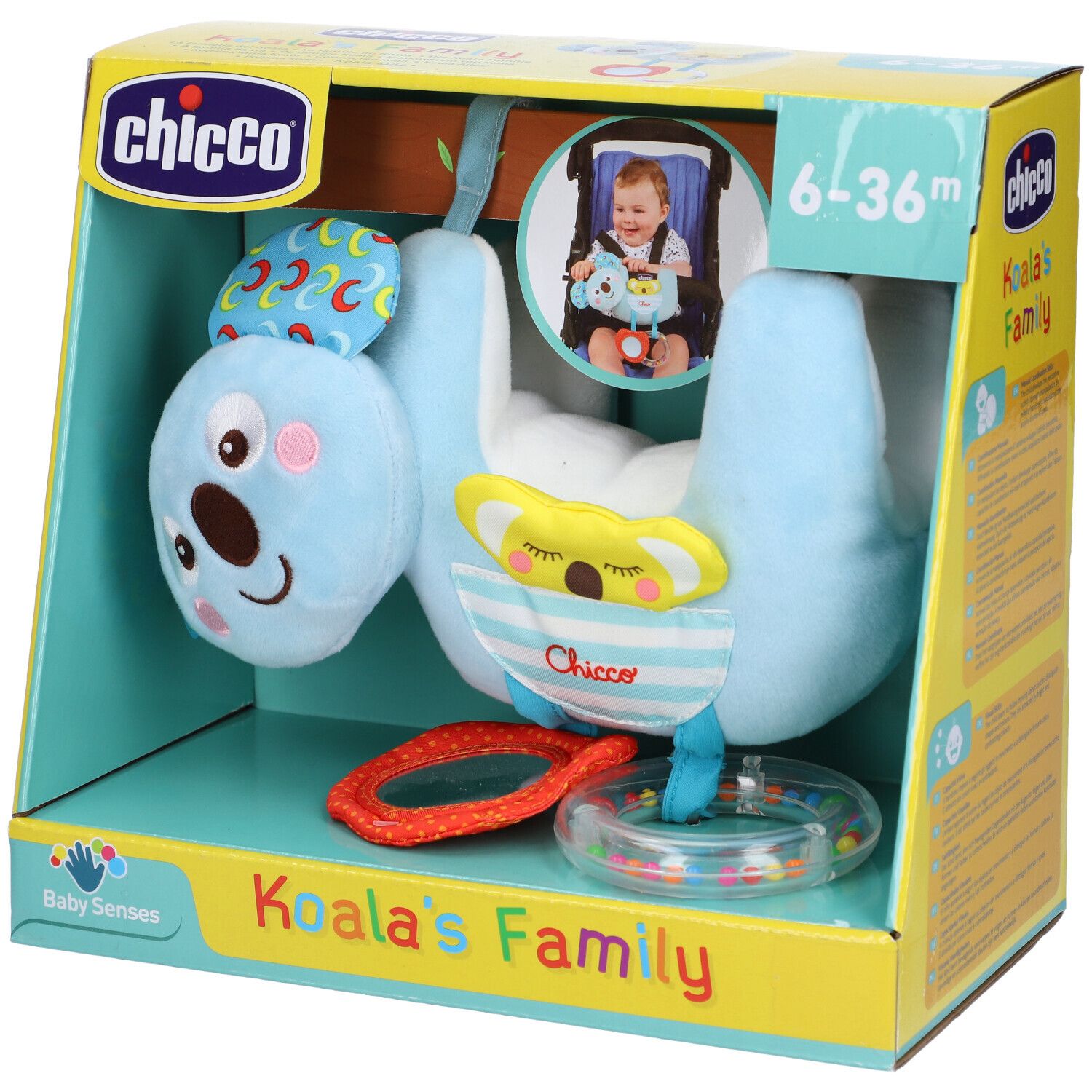 Giocattolo a forma di koala in confezione. Blu, con orecchie gialle e anello arancione. Logo e nome sulla confezione.