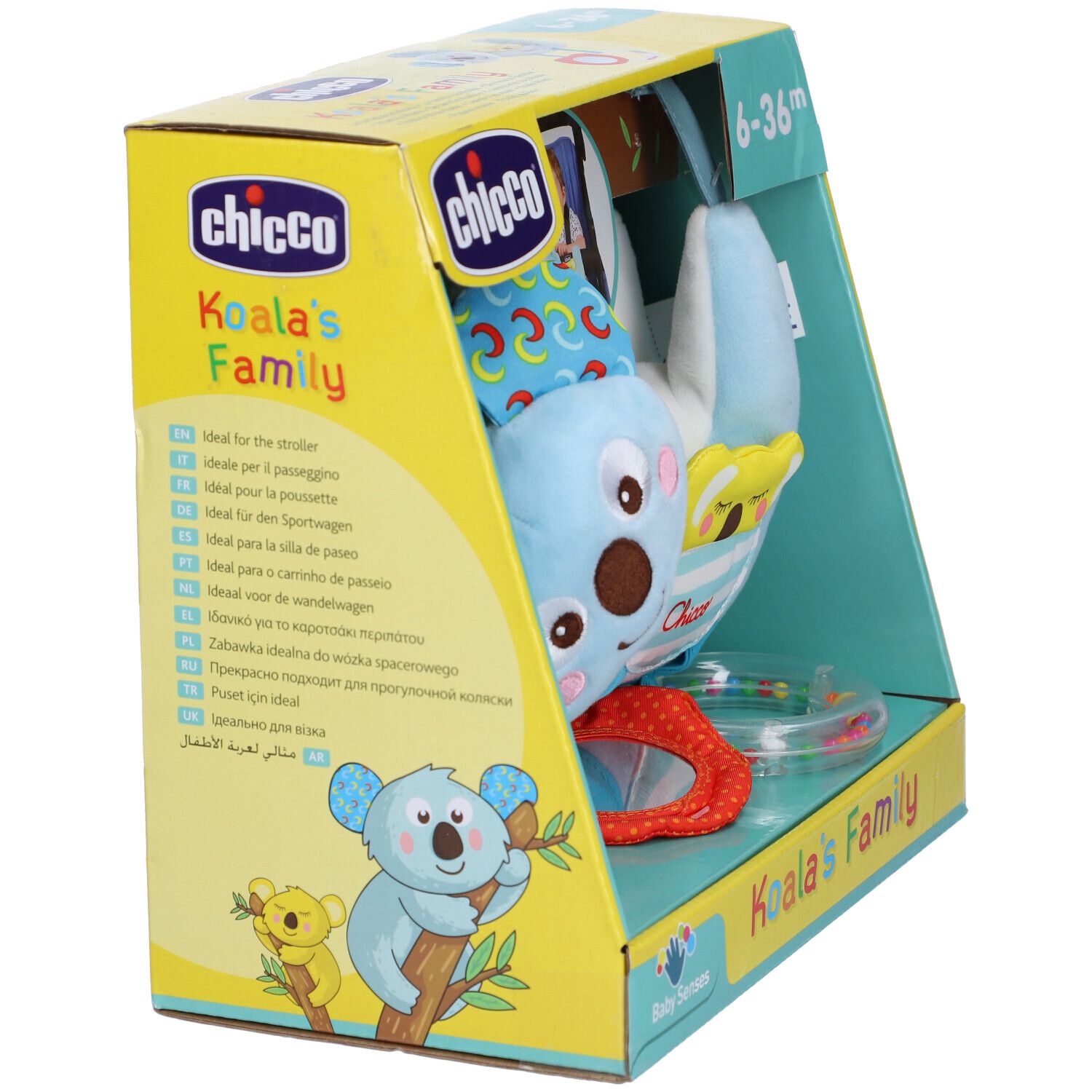 Giocattolo a forma di koala in confezione. Blu, con orecchie gialle e anello arancione. Logo e nome sulla confezione.