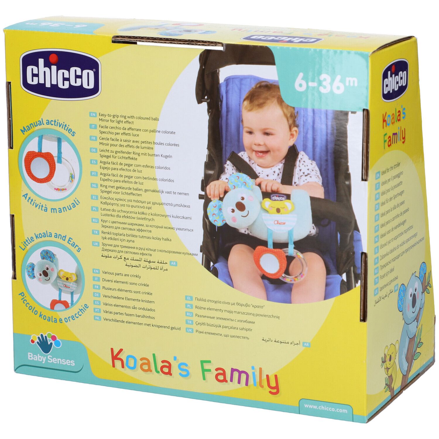 Confezione con giocattolo a forma di koala. Blu, con orecchie gialle e anello arancione. Logo e nome sulla confezione.