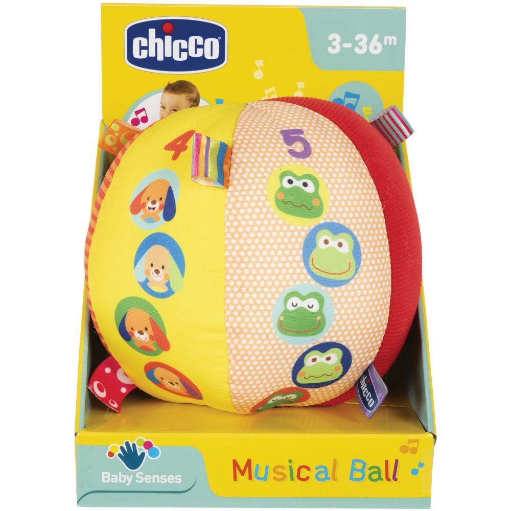 Palla musicale nella confezione. Gialla, rossa e beige. Con numeri, animali e logo "Chicco". Età consigliata: 3-36 mesi.