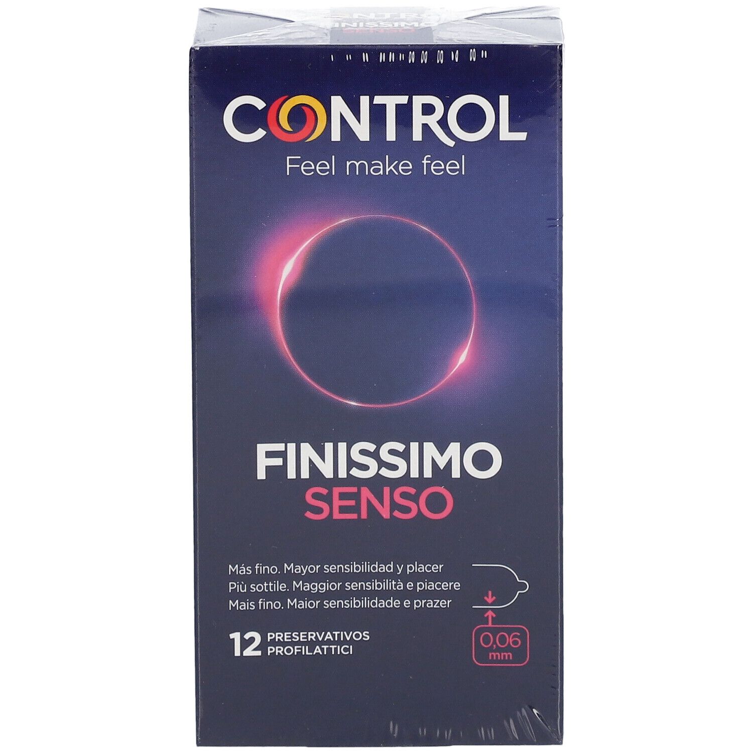 Vorderseite der CONTROL Finissimo Senso Schachtel. Produktname, Logo, 12 Kondome, 0,06 mm.