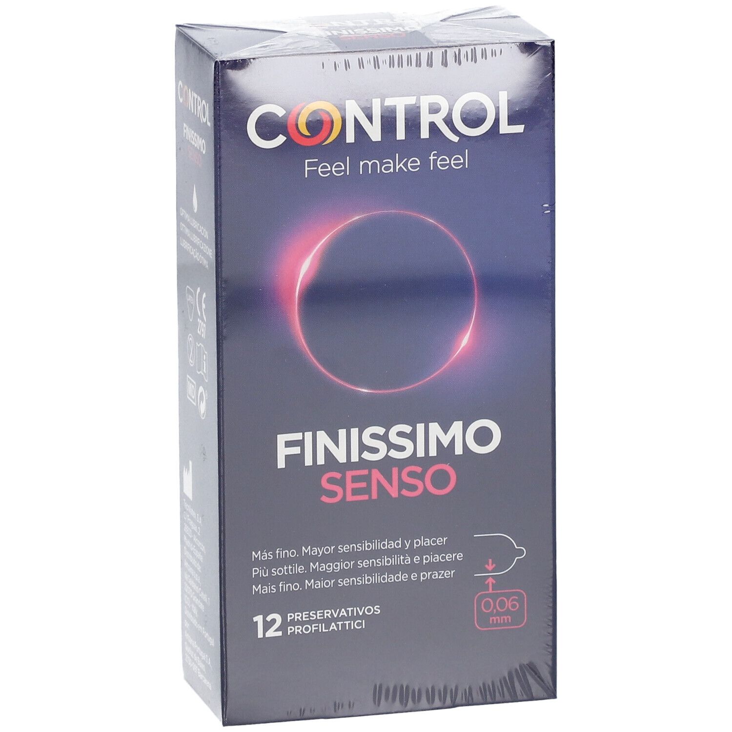 Vorderansicht der CONTROL Finissimo Senso Schachtel. Produktname, Logo, 12 Kondome, 0,06 mm.