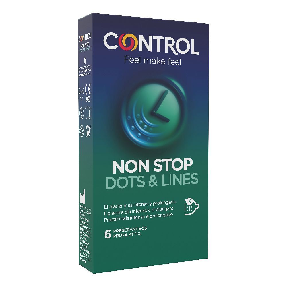 Confezione di preservativi CONTROL Non Stop. Scatola verde-blu con logo e nome del prodotto. 6 profilattici.