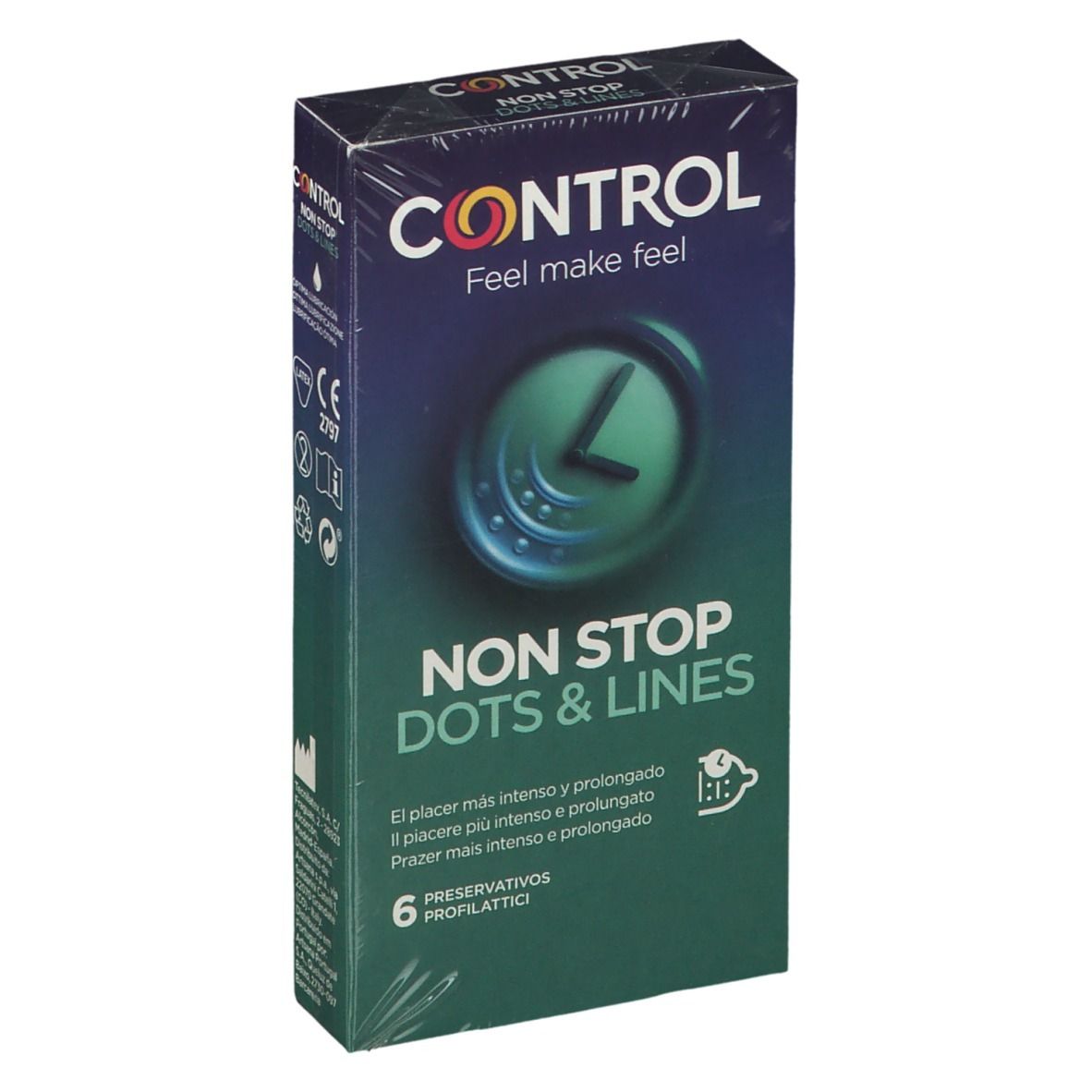 Confezione di preservativi CONTROL Non Stop. Scatola verde-blu con logo e nome del prodotto. 6 profilattici.