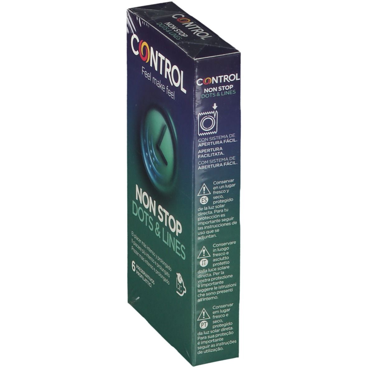 Vista laterale della confezione di preservativi CONTROL Non Stop. Scatola verde-blu con logo e nome del prodotto. 6 profilattici.