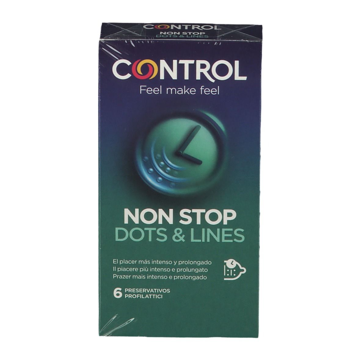 Confezione di preservativi CONTROL Non Stop. Scatola verde-blu con logo e nome del prodotto. 6 profilattici.