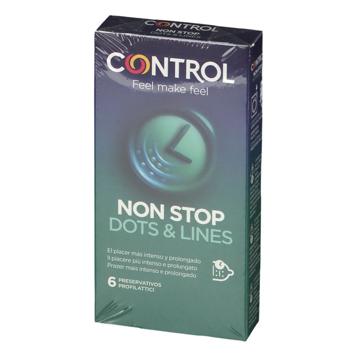 Confezione di preservativi CONTROL Non Stop. Scatola verde-blu con logo e nome del prodotto. 6 profilattici.